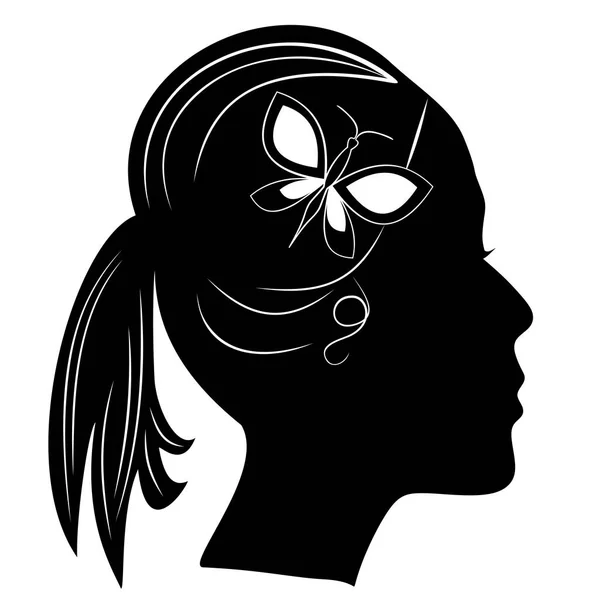 Silhouette Girls Head Ponytail Hairstyle Black Woman Profile Butterfly Hairs — Stock Vector