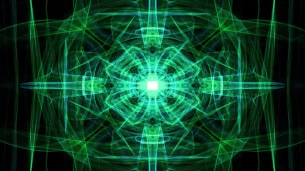 Grüne magische Licht fraktale Muster auf schwarzem Hintergrund. Live Mandala für spirituelle Übungen. — Stockvideo