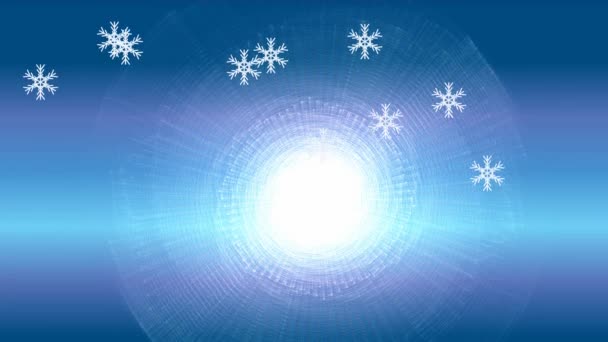 青のグラデーション背景に雪の結晶粒子。曇りの凍るような冬の太陽と冬の背景に雪が飛んでいます。冬のスポーツ伝播、クリスマスの装飾の美しいアニメーション. — ストック動画
