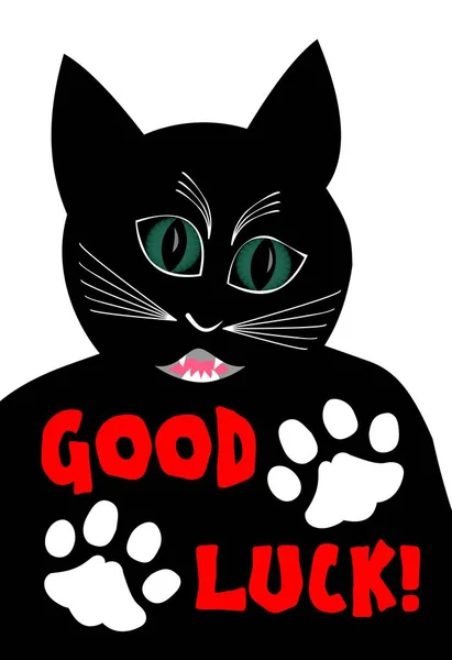 Gato negro enojado deseando buena suerte. Dibujos animados de tomcat negro sobre fondo blanco, dos patas de gato blanco — Vector de stock