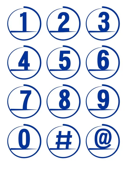 Blue grunge pennellate numeri vettoriali set completo, hashtag e carattere inclusi, icone cerchio su sfondo wnite — Vettoriale Stock