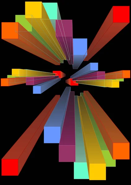 Gruppo di prismi 3d multicolori in perspektive, punto di fuga. Corpo geometrico colorato su sfondo nero. Modello astratto per libro, libro di testo, brochure, infografica , — Vettoriale Stock