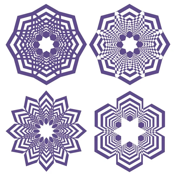 Verzameling van eenvoudige geometrische ontwerpelementen, paarse shapes op witte achtergrond, verzameling van prachtige decoratieve patronen — Stockvector