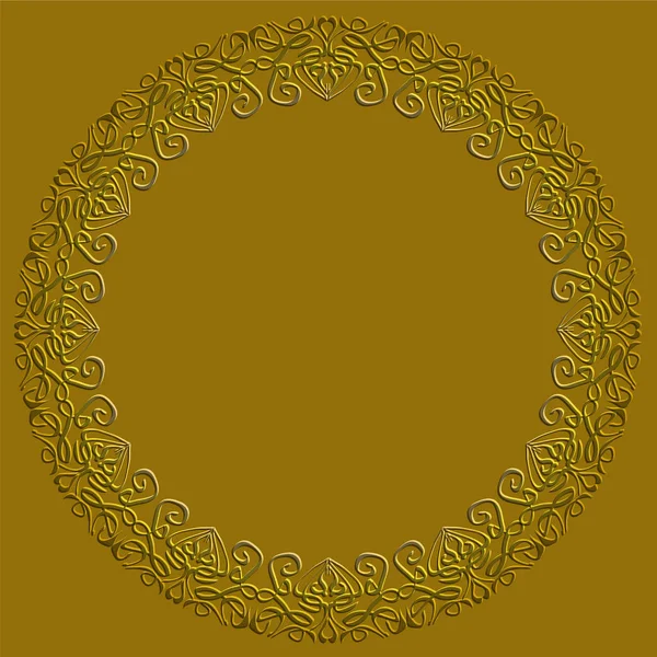 Cadre cercle doré sur fond doré foncé. Motifs en dentelle filigrane, design art déco luxueux. Modèle d'annonce, invitation. Motifs en relief avec effet 3d . — Image vectorielle