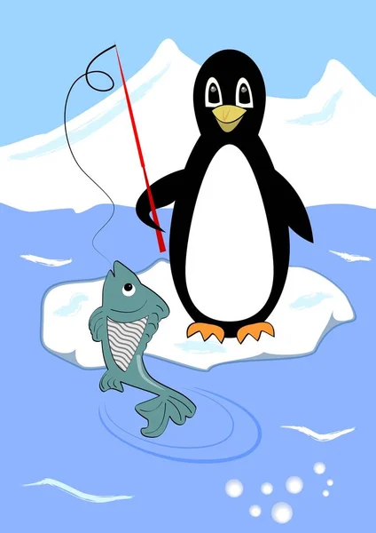 Милая рыбалка пингвинов на льдине, мультфильм про пингвинов с зеленой рыбой на крючке — стоковый вектор