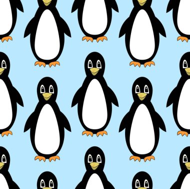Penguenler, Sevimli çizgi üzerinde sorunsuz açık mavi renkli, çocuklar için güzel tekstil tasarım,