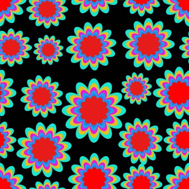 Fantezi ile Dikişsiz desen siyah arka plan üzerine psychedelic canlı renklerde çiçek. Yüksek zıt süsü,