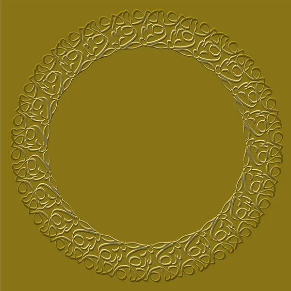 Gyllene cirkeln ram på mörk gyllene bakgrund. Filigran spetsar mönster, lyxiga art déco-design. Mall för tillkännagivandet, inbjudan. Präglat mönster med 3d-effekt. — Stock vektor