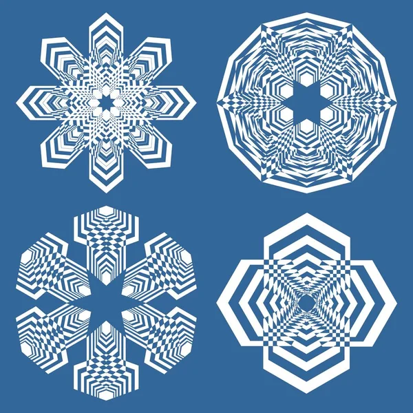 Set of simple geometric design elements, white shapes on blue background, collection of beautiful decorative patterns — Stock Vector