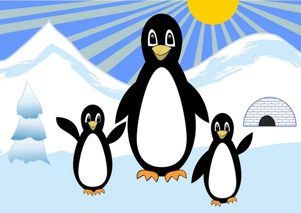 Penguins family on a walk in the snowy polar countryside, penquins mutter with two children. Cute bird cartoon. — Stock Vector
