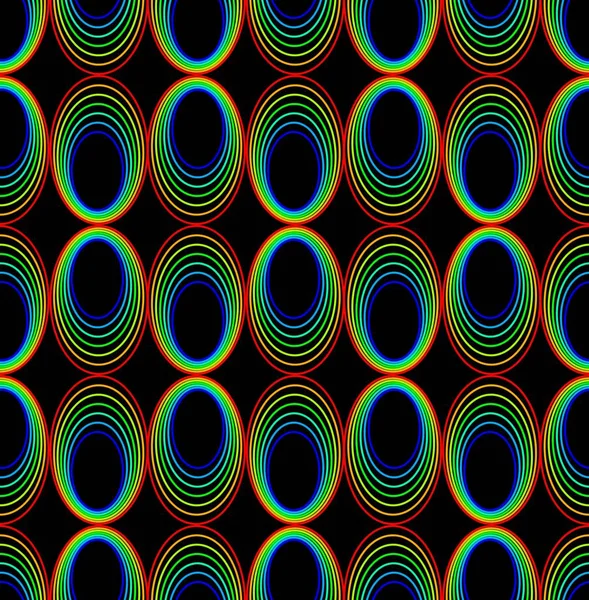 Background with abstract seamless patterns composed of ovals, simple minimalist shapes in vivid rainbow colors on black background — Stock Vector