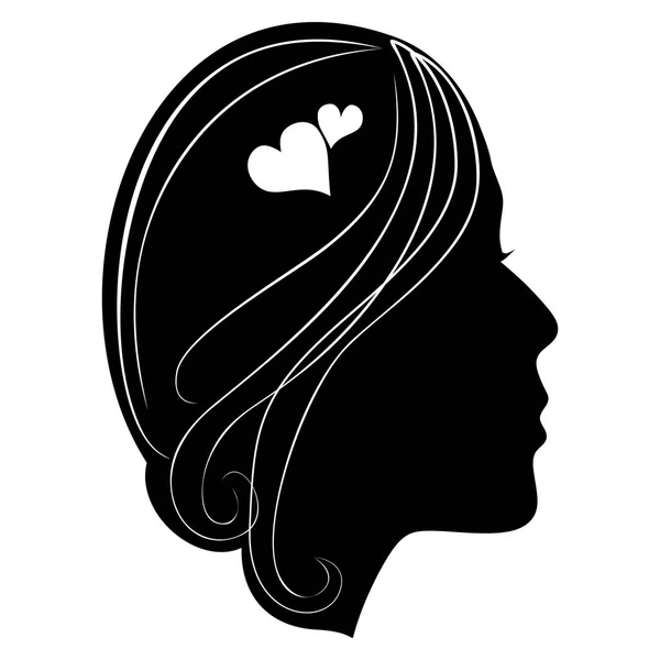 Sylwetka głowę dziewczyny z klasyczne długie włosy. Fryzurę ozdobione serca. Monochromatyczne rysunek, czarna kobieta profilu. Motyw dla kosmetyki etykiety — Wektor stockowy