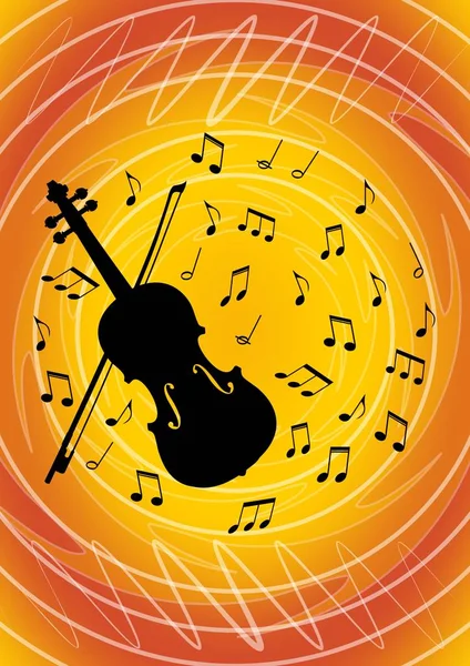 Музичний дизайн флаєра з чорним силуетом скрипки та музичними нотами на яскравому абстрактному апельсиновому пекарні. Шаблон запрошення на музичний фестиваль або концертна програма . — стоковий вектор