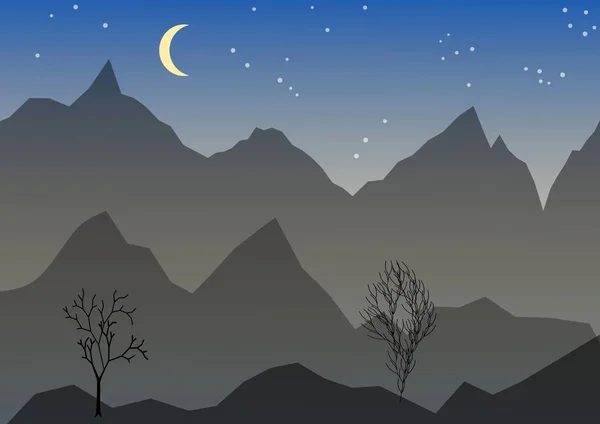 Ночной векторный пейзаж с горами, мондами, звездами и деревьями. Высокие горные вершины на фоне ночного неба — стоковый вектор