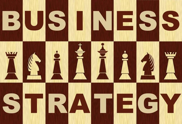 Banner de estratégia de negócios em design de embutimento de madeira com peças de xadrez, tabuleiro de xadrez de madeira com letras inversas e peças de xadrez —  Vetores de Stock