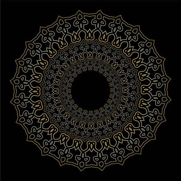 Ornamento geométrico dourado oriental, padrões de círculo de filigrana de renda no fundo preto. Elemento de design decorativo bonito para produtos luxuosos . — Vetor de Stock