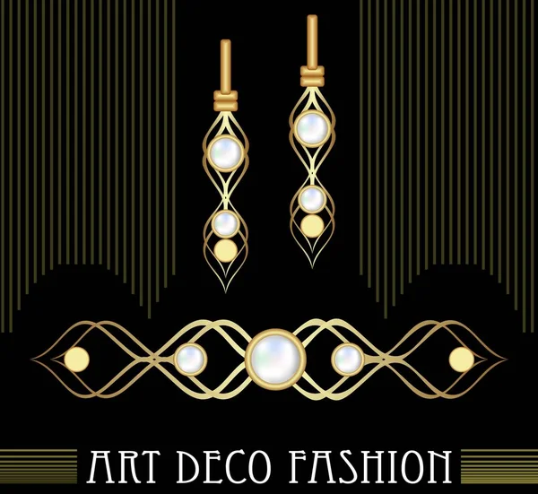 Art Deco goldenes Schmuckset. Ohrringe und Brosche mit teuren Perlen. schöner viktorianischer Schmuck. — Stockvektor