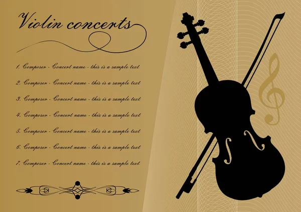 Шаблон програми скрипкових концертів з чорним силуетом скрипки, зразковим текстом, каліграфічним орнаментом та пробкою на золотому тлі з абстрактними кривими — стоковий вектор