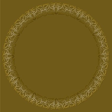 Telkari dantel modelleri, lüks art deco tasarım. Koyu altın zemin üzerine altın çember çerçeve. Duyuru için şablon. 3d etkisi ile kabartma desen.