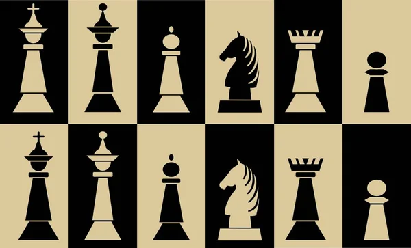 Conjunto de peças de xadrez em campos de xadrez, peça branca em campo preto, peça preta em campo branco —  Vetores de Stock