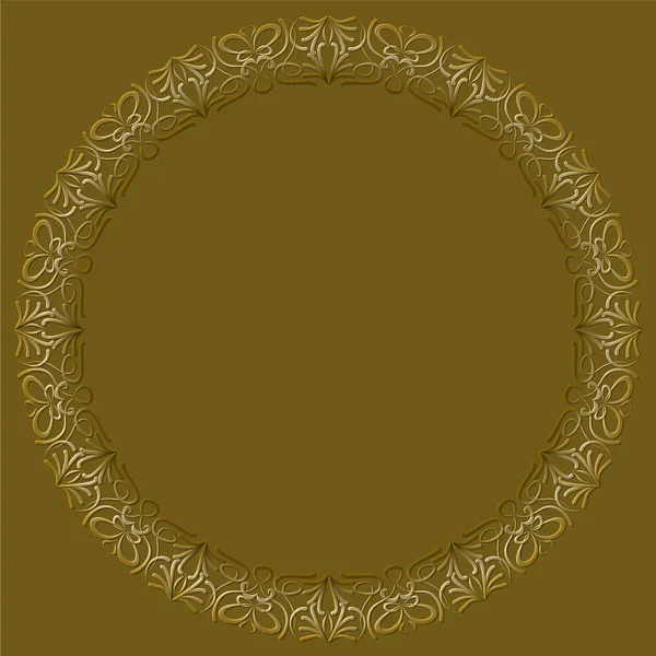 Filigree lace patterns, luxurious art deco design. Golden circle frame on dark golden background. Template for announcement. Embossed patterns with 3d effect. — Stock Vector