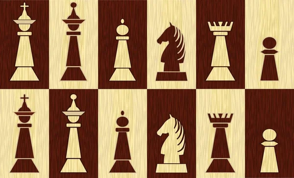 Conjunto de piezas de ajedrez en campos de ajedrez, diseño de incrustaciones de madera, pieza blanca en campo negro, pieza negra en campo blanco — Vector de stock