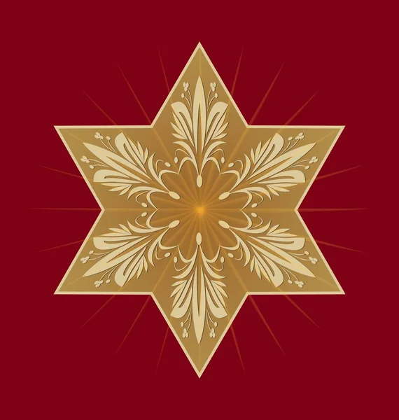 Star of David on dark red background. Golden David star with antiguarian embossed floral ornament. Isolated jewish religious motif. — Stock Vector