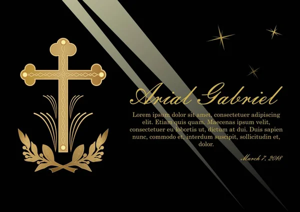 Anuncio funerario en diseño lujoso. Lujoso obituario con crucifijo dorado y ramas lawrence sobre fondo negro con rayos de luz . — Vector de stock