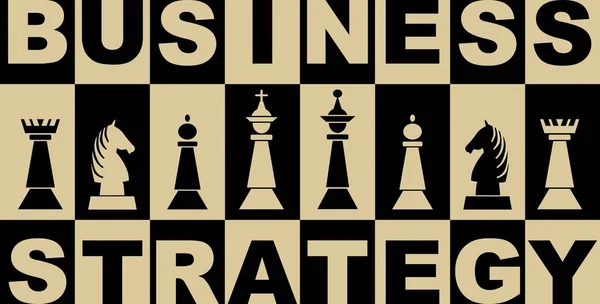 Banner de estratégia de negócios em design preto e bege com peças de xadrez, tabuleiro de xadrez com letras inversas e peças de xadrez —  Vetores de Stock