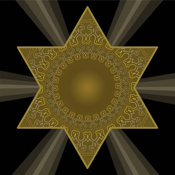 Golden Star of David in antique style. Filigree patterns on dark gold color. Jewish religious symbol on black background with rays of light. — Stock Vector