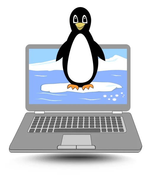 Laptop met de pinguïn coming out van de weergave, schattig label voor computer besturingssysteem — Stockvector