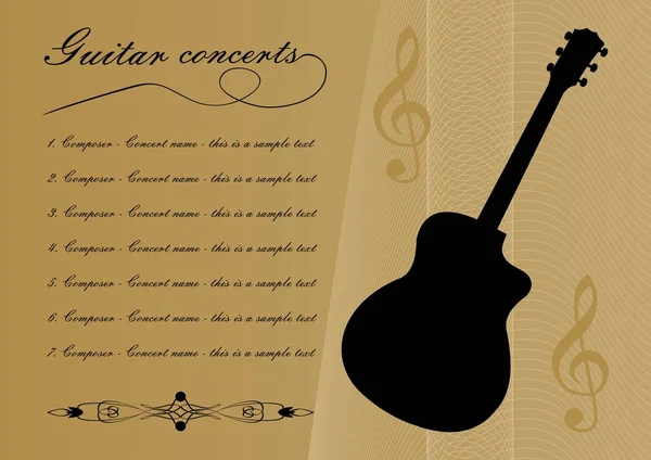 Gitarr konserter programmera mall med svart gitarr siluett, exempeltext, kalligrafiska ornament och g-klav på guld bakgrund med abstrakt kurvor — Stock vektor
