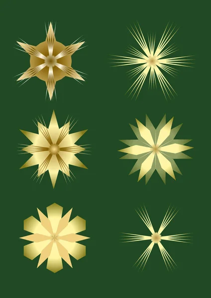 Stelle di Natale elementi di design, belle stelle d'oro insieme con illusione 3d su sfondo verde scuro. Forme stellari isolate con sfumatura dorata . — Vettoriale Stock