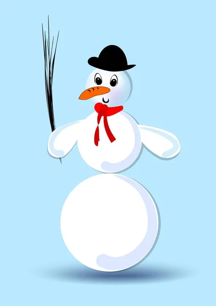 Snowman with silk hat and red scarf, isolated figure, clipart on cool blue background, — Stock Vector