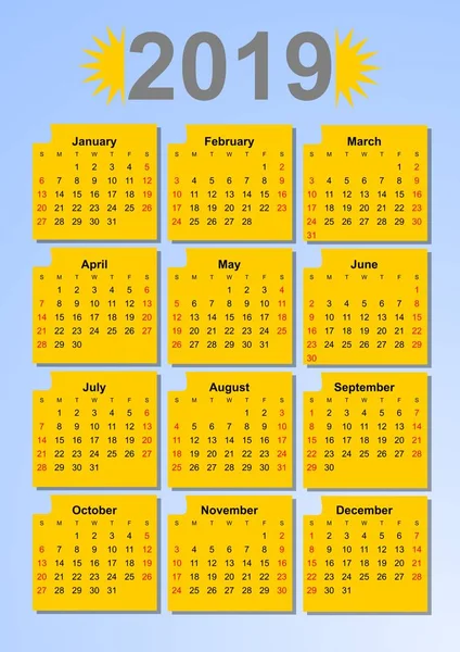 Calendário 2019 em cores do sol, meses em quadros amarelos no fundo azul claro . — Vetor de Stock