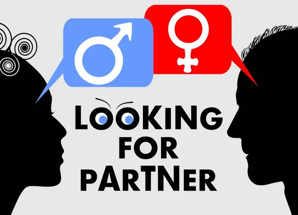 Buscando pareja, citas banner con perfil de silueta cara de mujer y hombre, burbujas de habla con símbolos sexuales femenino y masculino . — Vector de stock