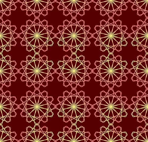 De fins motifs rouges et jaunes sur fond rouge foncé. Formes symétriques en filigrane. seamles décoration de papier peint — Image vectorielle