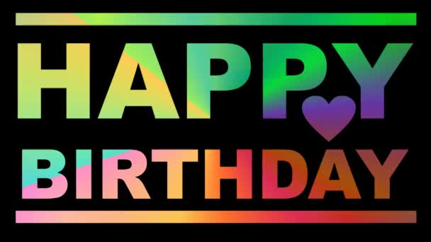 色小袋に基づいた幸せな誕生日アニメーション。色とりどりの虹色の効果、パーティーお祝いバナー黒の背景に鮮やかな文字 — ストック動画