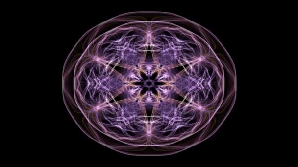 Fraktal Abstrakcja fioletowy wzory na czarnym tle. Ornament kwiat animowany w tunelu ruchu, piękna ozdoba. — Wideo stockowe