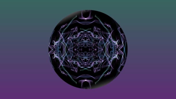 Абстрактная мистическая анимация черная сфера с фрактальным рисунком медленно вращается в фоновом режиме с фиолетовым и зеленым градиентом — стоковое видео