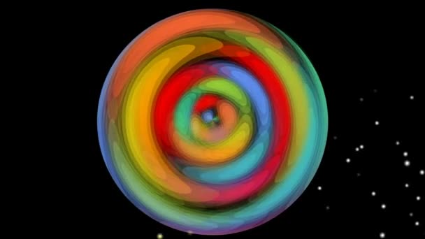 Абстрактный радужный поворотный диск и летающие легкие частицы на черном фоне, дискотека или ночной клуб, научно-фантастическая анимация — стоковое видео