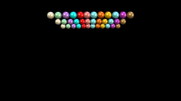 Анимация бусин, разноцветные бусины, движущиеся рядами на черном фоне. Видеофон 3D фильма — стоковое видео