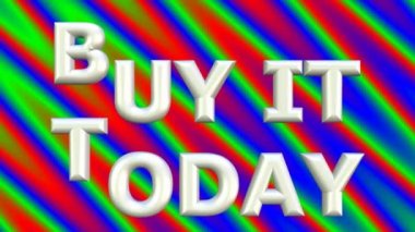 Bugün satın, meydan okuma ile canlı renkler eğik rainbow çizgili, 3d beyaz kalın yazı animasyonlu yazı tipiyle alacalı arka plan üzerinde animasyonlu harfler ile satın