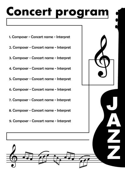 Шаблон джазової концертної програми з вирізаною гітарою, дерев'яною щіткою та деякими нотами у стійкому, музичному листі, монохромному шаблоні документа — стоковий вектор