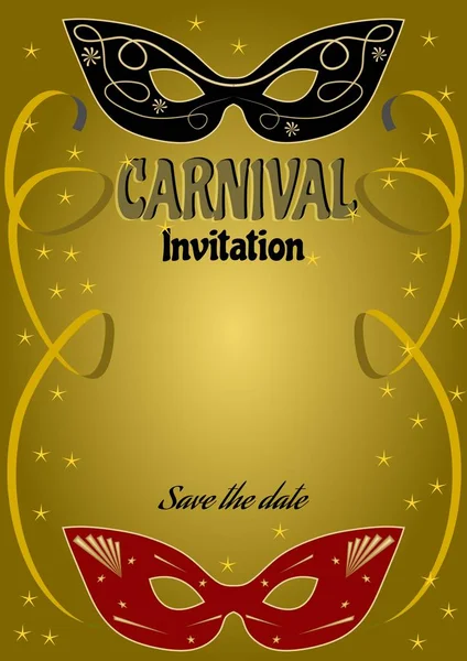Invitación de bola de lujo con máscara vintage negro y rojo sobre fondo degradado de oro con cintas doradas y pequeñas estrellas doradas — Vector de stock
