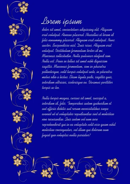 Donker blauwe achtergrond met elegante gouden vintage bloeien sieraad. Vector sjabloon voor aankondiging, brochure, flyer, kopie-ruimte witte voorbeeldtekst — Stockvector