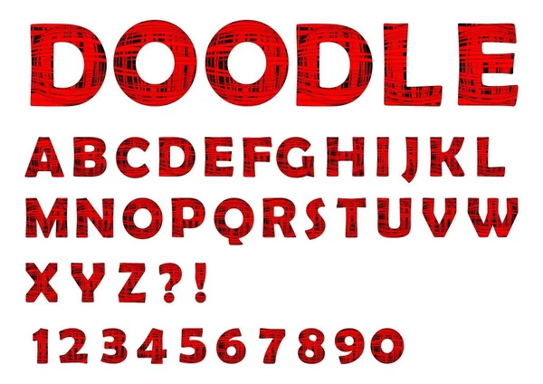 Buchstaben, Großbuchstaben, Großbuchstaben, Zahlen und Fragezeichen, Ausrufezeichen, rote Doodle-Struktur auf schwarzem Hintergrund — Stockvektor