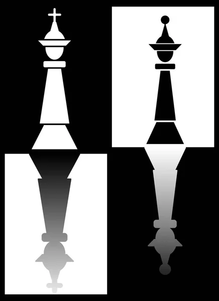 Tema de xadrez com peças rei e rainha espelhando em campos de xadrez, design inverso preto e branco —  Vetores de Stock