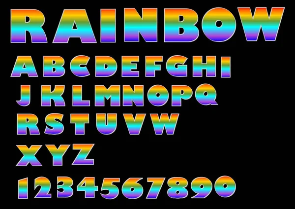 Rainbow massive font, caja superior en colores vivos, números, alfabeto engastado en diseño metálico — Vector de stock