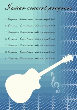Gitar konser program beyaz gitar siluet şablonuyla, örnek metin mavi arka plan, kaligrafi süsleme ve tiz nota anahtarı